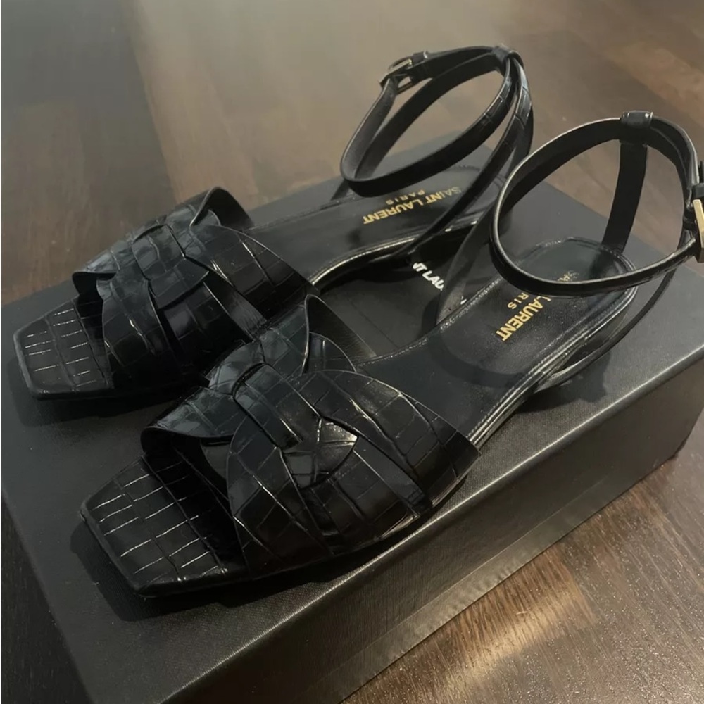 Saint Laurent YSL Tribute Croc-Embossed Leather Ankle Strap Sandal Shoes Size 38
